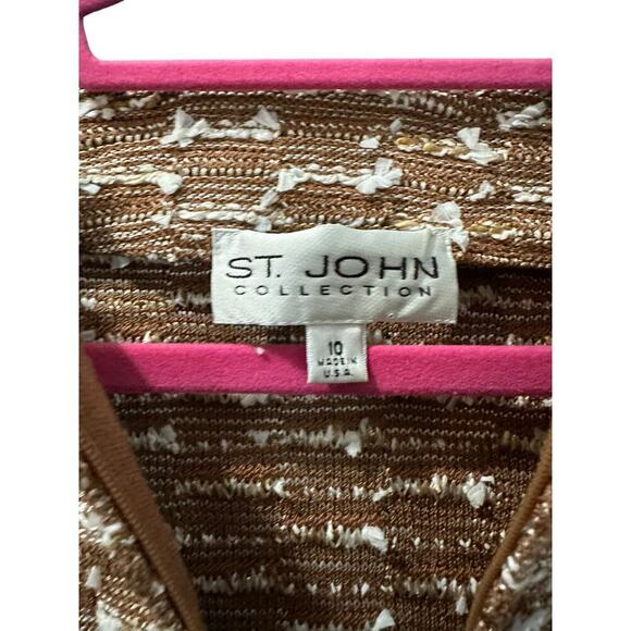 St. John Collection Women's Brown White Tweed Knit Zip Up Sweater Jacket Size 10 - Picture 2 of 7